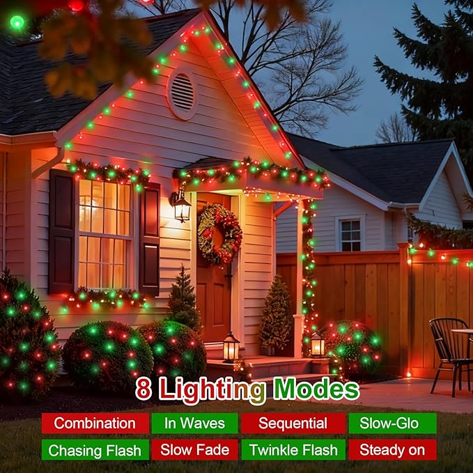 QITONG 2 Pack Red and Green Solar Christmas Lights, Each 66ft 200 LED Solar String Lights Outdoor Waterproof, 8 Modes Solar Twinkle Light for Outside