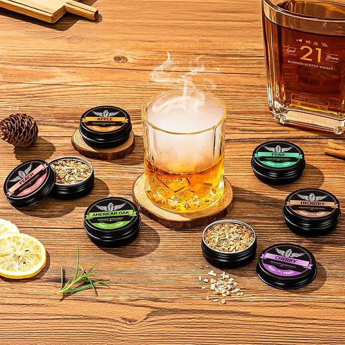 INSISART Whiskey Smoker Wood Chips, 6 Flavors Apple Cherry Oak Pear Peach Hickory, Natural Chips for Cocktails, Old Fashioned, Bourbon, Drinks, Food,Bar Accessory Gift for Men