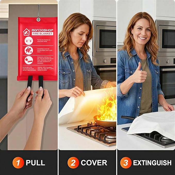 Mondoshop Fire Blanket for Home and Kitchen - Emergency Fire Suppression Blankets Fireproof Blanket Fire Retardant Blankets for Car, Fireplace, Camping, Picnic, Grill