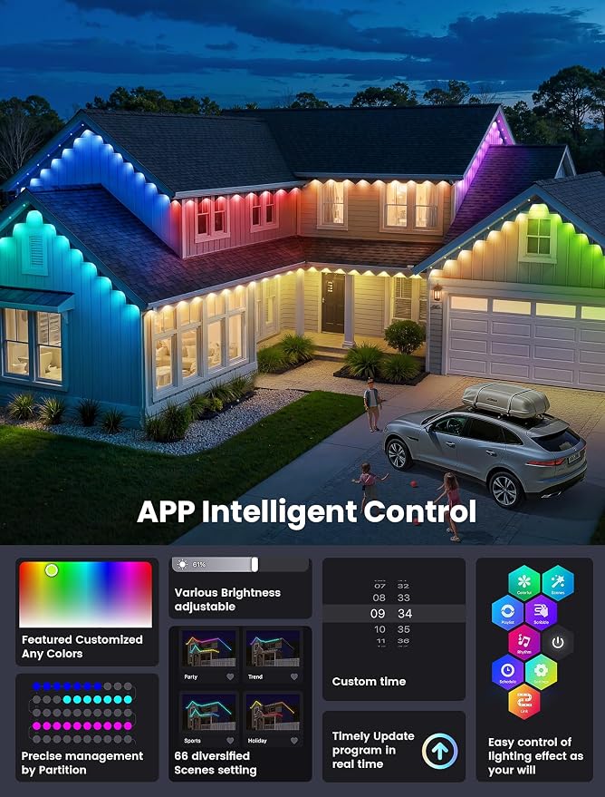Permanent Outdoor Lights for House,100FT RGB+IC Smart Lights | 60 LEDs,App/Remote Control,IP67 Waterproof,DIY Color-Changing String Lights For Eaves,Xmas,Halloween And Party Decor