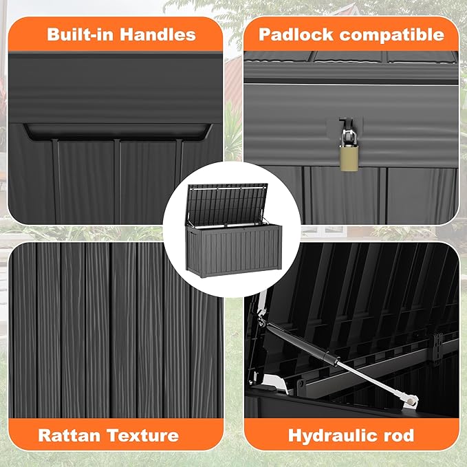 PatioZen 180 Gallon Deck Box,Resin Outdoor Storage Box with Lockable for Patio Furniture, Pool Accessories, Garden Tools Waterproof Outside Storage Box (Black)