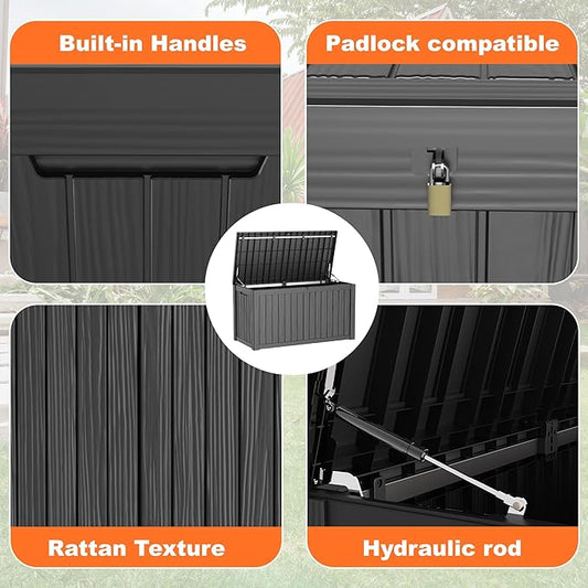 PatioZen 180 Gallon Deck Box,Resin Outdoor Storage Box with Lockable for Patio Furniture, Pool Accessories, Garden Tools Waterproof Outside Storage Box (Black)