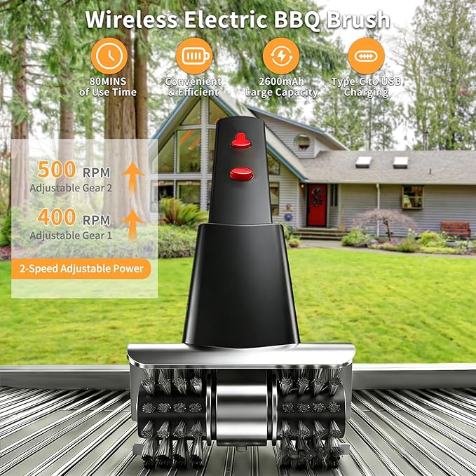 Cordless Electric Grill Brush for Outdoor - Waterproof BBQ Grill Cleaner with Lights Water Spray - Grill Cleaning Brush for Burnt-On Grease&BBQ Grates, 90 Mins Runtime, 2 Stainless Heads Refill