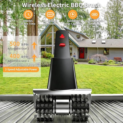 Cordless Electric Grill Brush for Outdoor - Waterproof BBQ Grill Cleaner with Lights Water Spray - Grill Cleaning Brush for Burnt-On Grease&BBQ Grates, 90 Mins Runtime, 2 Stainless Heads Refill