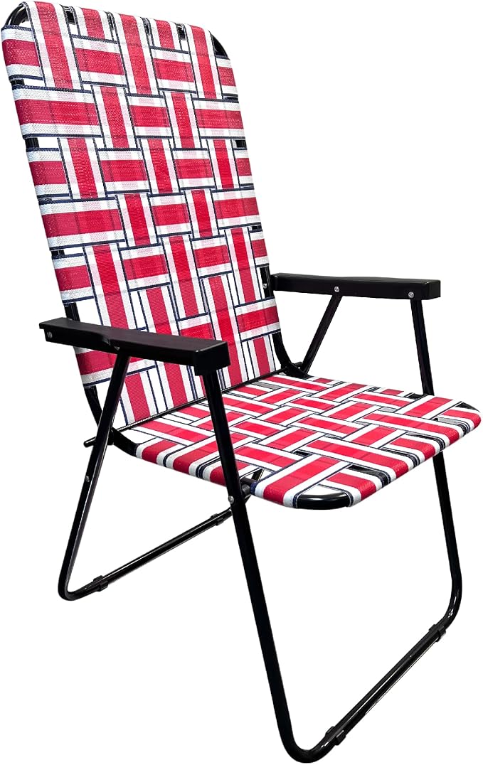 Lawn Chair Folding Steel Webbing Chaise Patio Lounger Seat Wood Handles Great for Camping, Beach, Fishing, Backyard, Stadium, Pool, Boating, and Sports 1 Pack Red/Blue