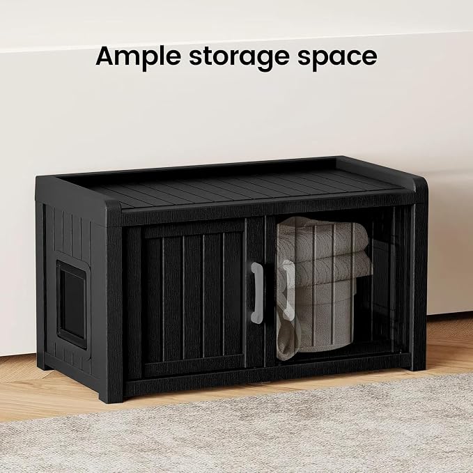 2 Doors Shoe Storage Bench with Cat Cabinet for Entryway, Hallway, Black | 2 Hidden Side Doors Entryway Bench with Seat, Waterproof Resin Shoe Rack for Entryway, Bedroom, Living Room, Indoor/Outdoor
