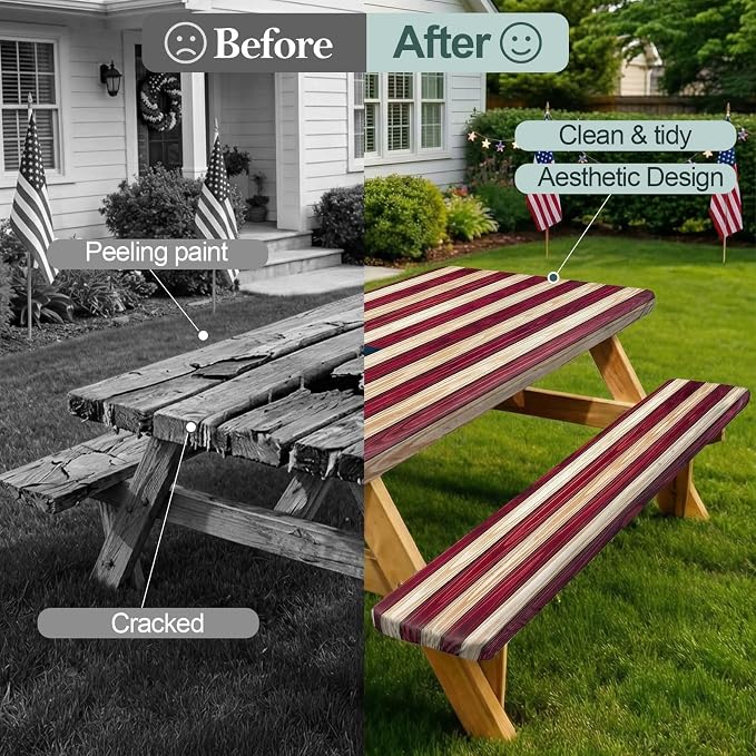 Picnic Table Cover Bench Covers Camping Essentials Tablecloth | Waterproof Vinyl for Outdoor, Windproof Elastic Fitted Edges, RV BBQ Accessories Must Haves, Storage Bag Included