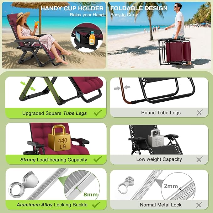 Suteck Zero Gravity Chair, Reclining Camping Chairs w/Removable Cushion | Anti Gravity Recliner Lounge Chair with Aluminum Alloy Lock & Cup Holder, 90-170° Adjustable, for Lawn Patio Indoor