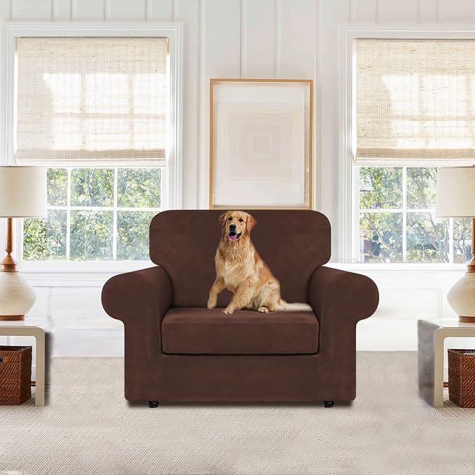 WEERRW Velvet Stretch 2 Pieces Chair Sofa Slipcovers Washable, Chocolate | Armchair Slipcovers Luxury Soft Velvet Plush Furniture Protector Couch Cover with Elastic Bottom for Kids Pets, Small