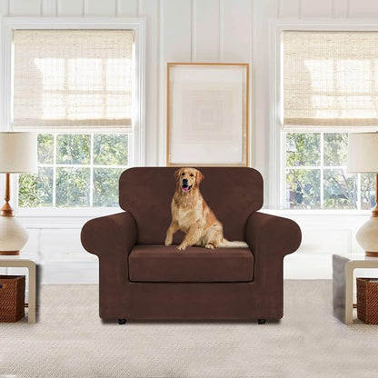 WEERRW Velvet Stretch 2 Pieces Chair Sofa Slipcovers Washable, Chocolate | Armchair Slipcovers Luxury Soft Velvet Plush Furniture Protector Couch Cover with Elastic Bottom for Kids Pets, Small