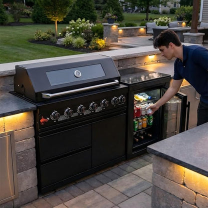 63 Inch Outdoor Kitchen Island, 6-Burner 85000 BTU Propane Stainless Steel BBQ with Side/Rear Burners, With Fridge, Storage, For Backyard BBQ