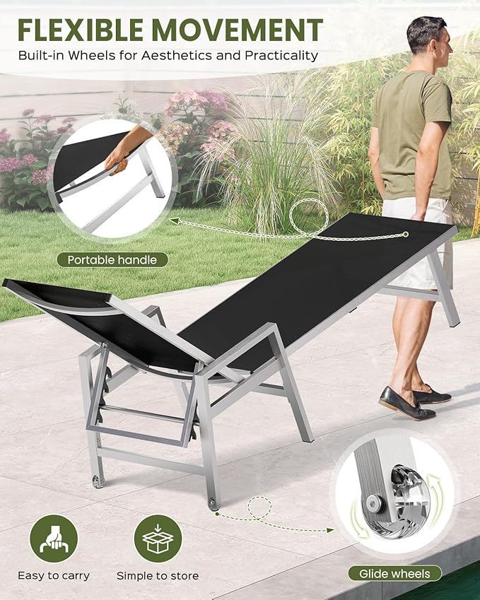 Patio Chaise Lounge Chair Outdoor with Wheels&Armrests, Aluminum Pool Lounge Chairs Five-Position Adjustable Recliner with Side Table, Outdoor Beach Lounge Chairs for Poolside, Deck, Garden, Black