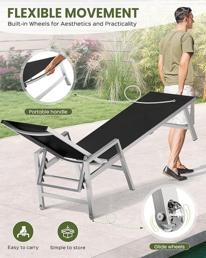 Patio Chaise Lounge Chair Outdoor with Wheels&Armrests, Aluminum Pool Lounge Chairs Five-Position Adjustable Recliner with Side Table, Outdoor Beach Lounge Chairs for Poolside, Deck, Garden, Black