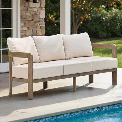 Aluminum Outdoor Patio Sofa, 3-Seat All-Weather Metal Modern Couch with Washable Thick Cushion for Garden/Backyard/Porch, Beige | All-Weather Metal