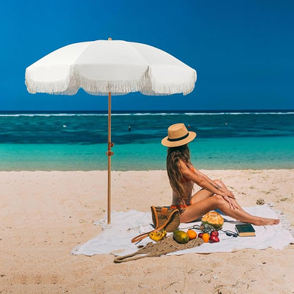 Seazul 6.5ft Patio Umbrella with Fringe, Beach Umbrella, Fringe Umbrella Outdoor Patio with Hanging Hook, Tilting Aluminum Pole, UV 50+, Fiberglass Ribs, Elegant Cream