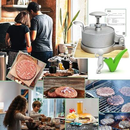 Heavy Duty Hamburger Press Patty Maker, Adjustable 1/4 to 3/4 lb Meat Mold, Detachable Spring Plunger with Bamboo Base, Shape Perfect Burgers in 1-Sec for Daily Meals & BBQ
