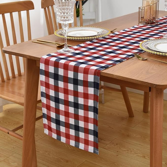Waterproof Checkered Tablecloth Runner Fabric - Rectangle 12x108 Inch Classic Gingham Buffalo Plaid Table Cover for Indoor/Outdoor Use - for Kitchen, BBQs, and Parties