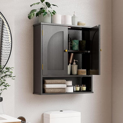 Medicine Cabinet, Over Toilet Storage Cabinet, Bathroom Wall Cabinet with Arched Doors & Adjustable Shelves, Wall Mounted Cabinet with Open Shelf for Bathroom Over Toilet Restroom, Black