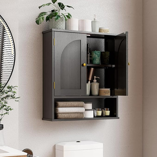 Medicine Cabinet, Over Toilet Storage Cabinet, Bathroom Wall Cabinet with Arched Doors & Adjustable Shelves, Wall Mounted Cabinet with Open Shelf for Bathroom Over Toilet Restroom, Black