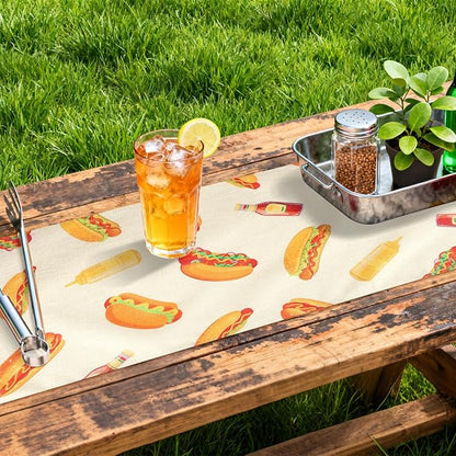Penitue 13x72in/33x183cm Hot Dog Table Runner, Hot Dog Party Decorations Fast Food Sausage Theme Dining Table Cloth Tablecloth Decor for Indoor Outdoor Kitchen BBQ Supplies Accessories Gift Stuff