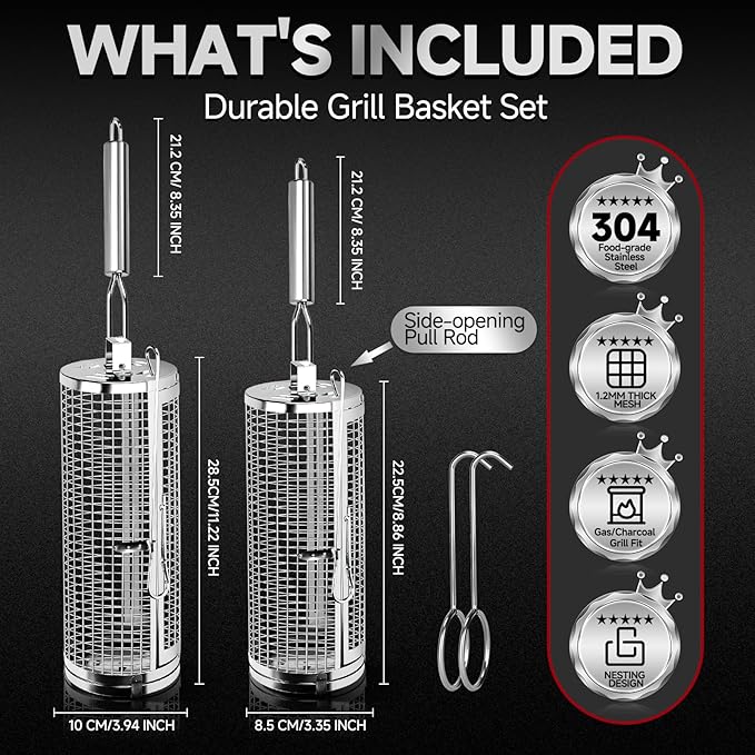 Chenovate® Heavy Duty Rolling Grill Baskets with Side-opening and Removable Handle,Grill Accessories for Veggies Shrimp Meat,Food-grade Stainless Steel,Kitchen Gadgets Fits Outdoor Cooking & Picnics,Camping Essentials,Ideal Gifts for Father's Day,Festi...