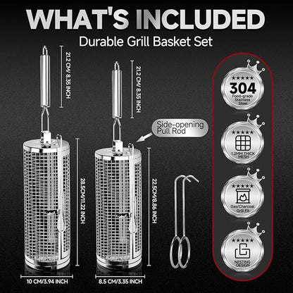 Chenovate® Heavy Duty Rolling Grill Baskets with Side-opening and Removable Handle,Grill Accessories for Veggies Shrimp Meat,Food-grade Stainless Steel,Kitchen Gadgets Fits Outdoor Cooking & Picnics,Camping Essentials,Ideal Gifts for Father's Day,Festi...