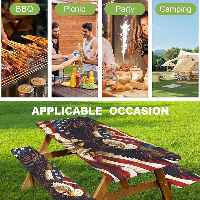 ANNA QUEEN Patriotic American Eagle 6FT Picnic Table Cover with Bench Covers Set of 3 with Drawstring Bag, USA Flag Eagle 72"x30" Waterproof Picnic Tablecloth & Bench Covers for Outdoor BBQ