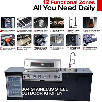 96" 6-Burner 85000 BTU Outdoor Kitchen Island,304 Stainless Steel Modular LPG BBQ Grill Combination With Granite Countertops, Storage Cabinet, Refrigerator and Sink (96"-Black&Sivler, Propane Gas)