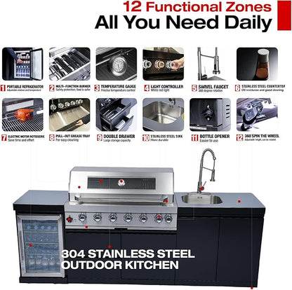 96-Inch 6-Burner Propane Gas Outdoor Kitchen Grill Island - 85000 BTU Stainless Steel BBQ, Refrigerator, Rotisserie, Stainless Countertops, Soft-Close Storage, For Patio, Lawn, Backyard, Black