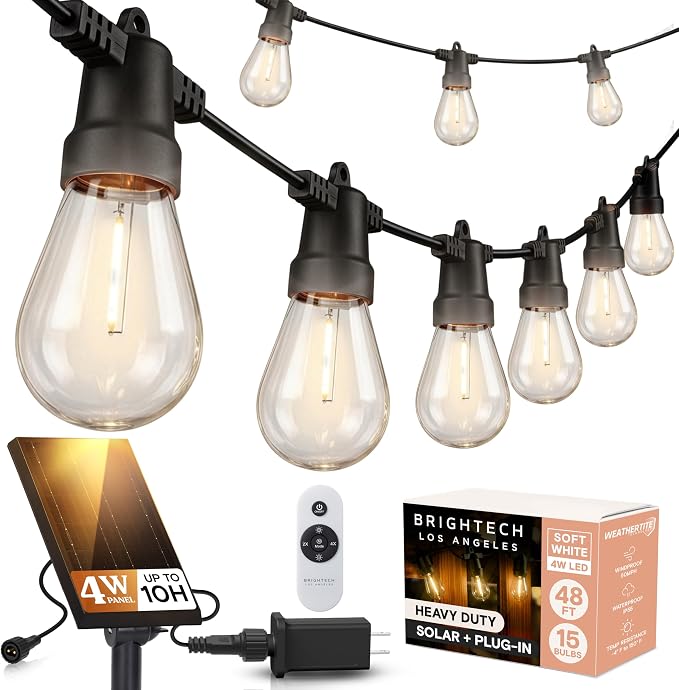 Brightech Ambience Hybrid Outdoor String Lights - Dual Plug and Solar Powered Waterproof LED Light String for Outside - Dimmable Soft White Edison Bulbs for Camping, Patio, Cafe, Yard - 48ft, 4W