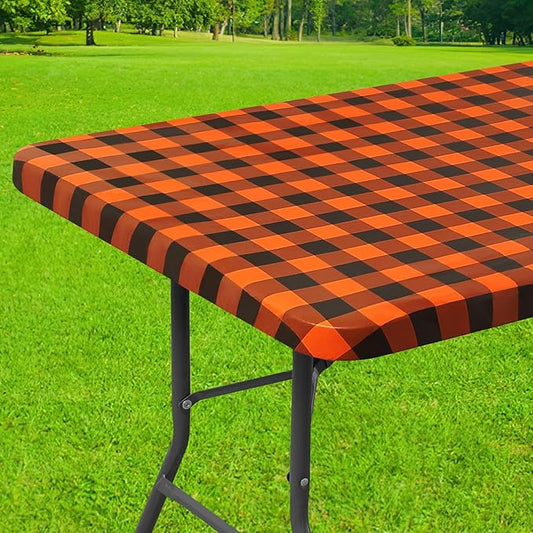 Smiry Rectangle Picnic Table Cloth, Elastic Waterproof Fitted Vinyl Tablecloths, Flannel Backed Buffalo Plaid Table Covers for Dining, Camping, Outdoor (Black and Orange, 30" x 72")