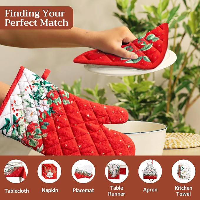 Maison d' Hermine Pot Holders 100% Cotton Potholders (8" x 8", Pack of 2) | Heat Resistant Hot Pads with Loop BBQ Cooking Baking Hotel Kitchen Handling Hot Pans Thanksgiving Christmas - Noel