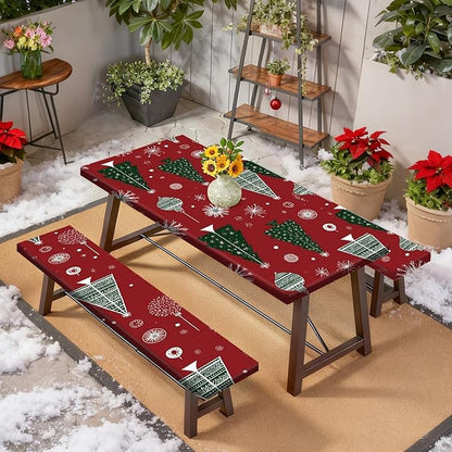Christmas Picnic Table Cover with Bench Covers Set, Elastic Fitted Tablecloth for Outdoor Wooden Tables, Red Holiday Pattern with Christmas Trees and Snowflakes, Durable and Easy to Clean
