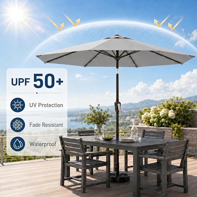 10FT Solar Patio Umbrella with Lights, Outdoor Table Market Umbrella with 32 LED Lights, 8 Sturdy Ribs, Push Button Tilt and Crank for Pool, Deck and Garden, UV-Resistant