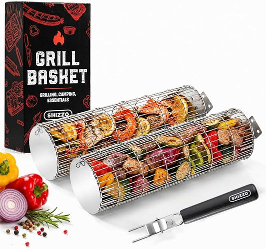 SHIZZO Rolling Grill Basket, Removable Wooden Handle, Extra Sturdy Cylinder Grilling Basket, Food Grade Stainless Steel, Portable Outdoor Camping accessories BBQ Net Rack, Cooking Griller for Fish, Vegetables, and More - Gifts for Men Dad Husband - Set...