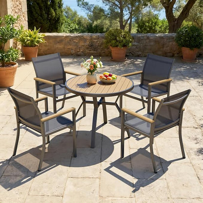 5-Pieces Aluminum Patio Table and Chairs Set, Outdoor Patio Furniture Set with Heavy Duty HDPS Round Table, All-Weather Outdoor Dining Set with Quick-Drying Breathable Textilene Chairs for Porch