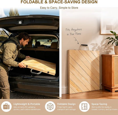 Folding Picnic Table for Indoor Outdoor, Portable Boho Low Picnic Table with Table Runner, 60" x 30" Wooden Table for Camping, Wedding, Beach, Garden, Party, Seats 6-8 People