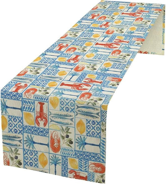 Summer Lemon Table Runner Crawfish Italian Lemons Table Cover Italy Blue Tiles Lemon Seafood Boil Themed Party Supplies Home Kitchen Dining Room Decor 13x36 Inch