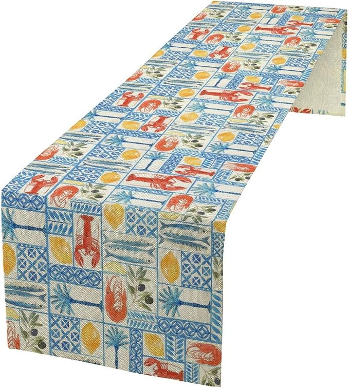 Summer Lemon Table Runner Crawfish Italian Lemons Table Cover Italy Blue Tiles Lemon Seafood Boil Themed Party Supplies Home Kitchen Dining Room Decor 13x70 Inch