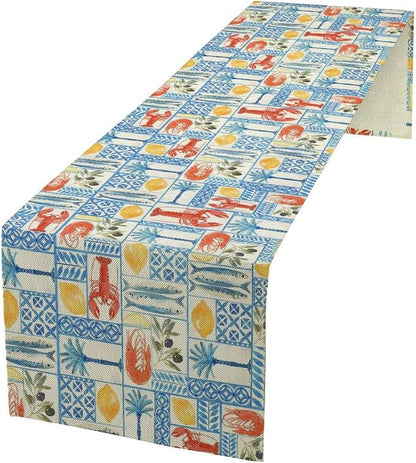 Summer Lemon Table Runner Crawfish Italian Lemons Table Cover Italy Blue Tiles Lemon Seafood Boil Themed Party Supplies Home Kitchen Dining Room Decor 13x108 Inch