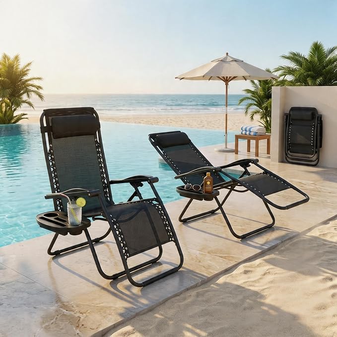 Garvee Outdoor Lounge Chairs Set of 2 Relaxing Recliners Patio Chairs,Zero Gravit y Lounge Chair Beach Chairs with Pillow and Cup Holder