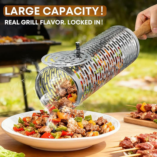 BBQ Rolling Vegetable Grill Basket: Barbecue Smoker Grill Rolling Baskets for Outdoor, Christmas Birthday Gifts for Dad Men Husband Unique 2pcs