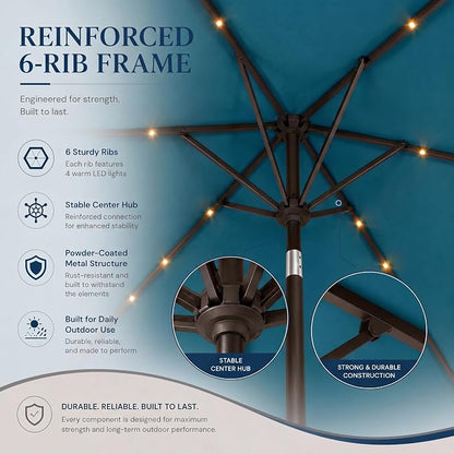 6.5 x 10ft Rectangular Patio Umbrella with Solar Lights, 16 LED Lighted Market Umbrella with Push-Button Tilt and Crank, 6 Sturdy Iron Ribs for Garden, Deck, Pool, Lake Blue