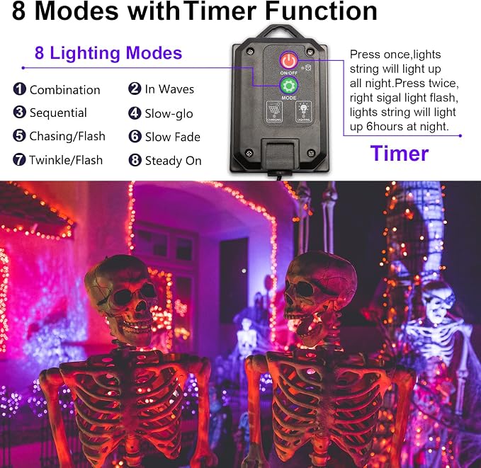 Solar Halloween String Lights, Purple 200Led, Outdoor Waterproof | 2 Pack Total 400Led 144Ft 8 Mode Timer, IP44 Outside Fairy Lights for Tree, Garden, Patio, Lawn, Yard Decorations