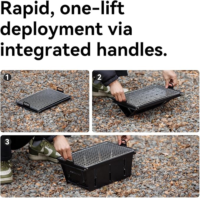 BLACKDOG IGT Compatible Insert Grill, Foldable Carbon Steel Charcoal Module for Modular Camp Kitchen System, Rapid Setup Handles, 14.2" x 9.8", Perfect Flush Fit