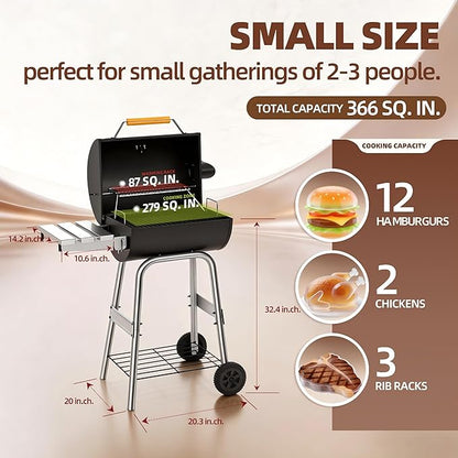 Barrel Charcoal Grill, Outdoor BBQ Smoker, Large Cooking Area, Adjustable Charcoal Pan, Warming Rack, Front & Side Table, Storage Shelf, Enameled Steel Wire, Backyard Camping Grill (Small)