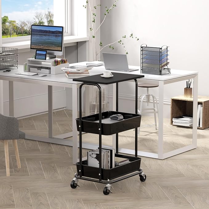 Simple Houseware 2-Tier Rolling Utility Cart Wood Top/Lockable Wheel, Black | Metal Storage Organizer Trolley for Kitchen, Bathroom, Office, Craft Room