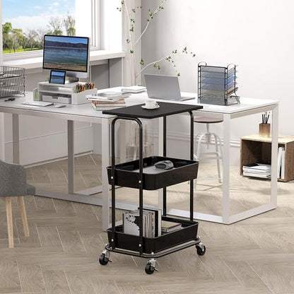 Simple Houseware 2-Tier Rolling Utility Cart Wood Top/Lockable Wheel, Black | Metal Storage Organizer Trolley for Kitchen, Bathroom, Office, Craft Room