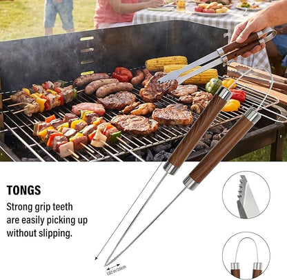 Yekale BBQ Grill Accessories Set, Grill Tools Grilling Accessories Grilling Gifts for Men - Spatula, Fork, Brush, Tongs & Cleaning Brush - Outdoor Barbecue Utensils Gifts for Men Dad Him (Wood)