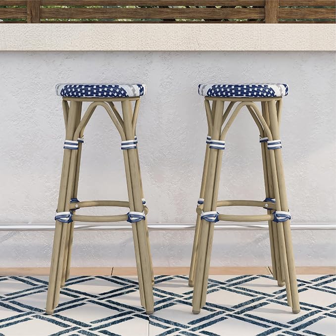 Seadrift Boho 30-inch Aluminum and All-Weather Wicker Barstools with Footrest, Patio Stools & Bar Chairs for Outdoor, Kitchen Counter, Poolside, Yard, Set of 2, Navy Blue and White